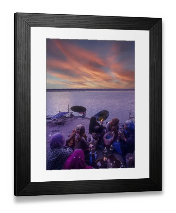 Framed Print : Women offering ritual prayers on the steps of the Ganga Ganges ghat at Varanasi Benaras
