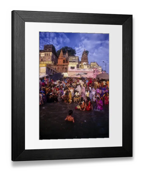 Framed Print : Hindu religious morning rituals in the Ganges Ganga River