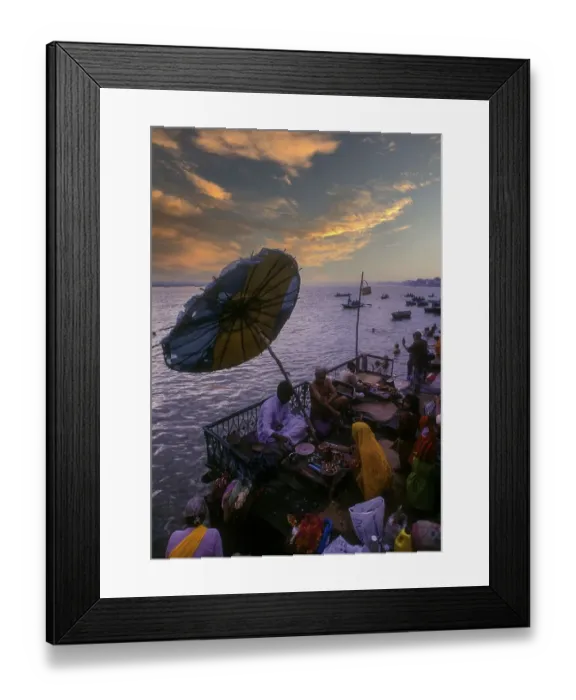 Framed Print : Ceremonies and rituals on the River Ganga Ganges Ghats at Varanasi Benaras