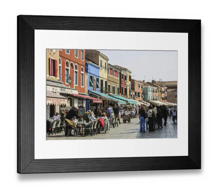 Framed Print : Shopping street with cafes, local passers-by