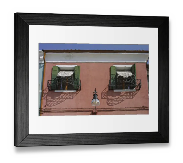 Framed Print : House facade with window flower lattice and lantern Framed Print : House facade with window flower lattice and lantern