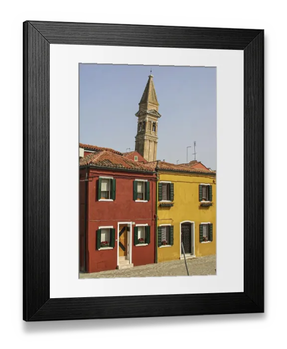 Framed Print : Colourful houses, sloping cliff