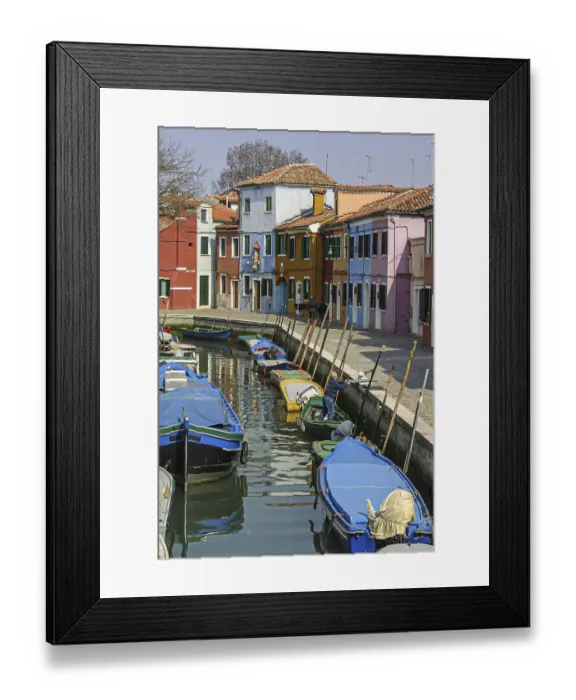 Framed Print : Boats on the canal and colourful houses