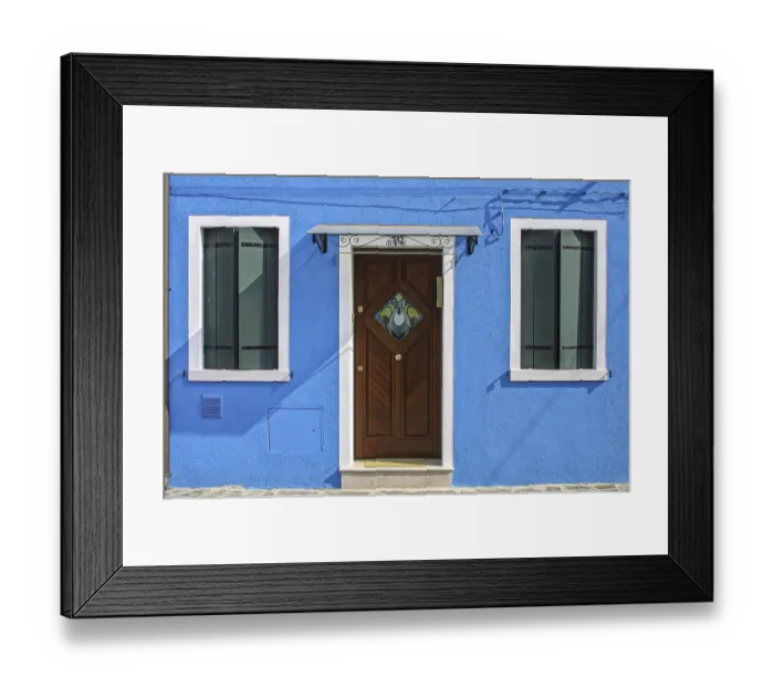 Framed Print : Blue house, front door and window