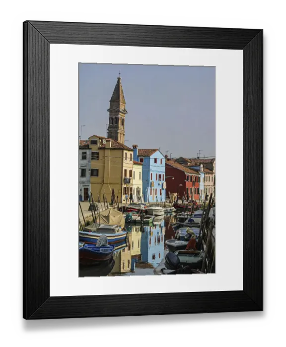 Framed Print : Canal with boats and colourful houses
