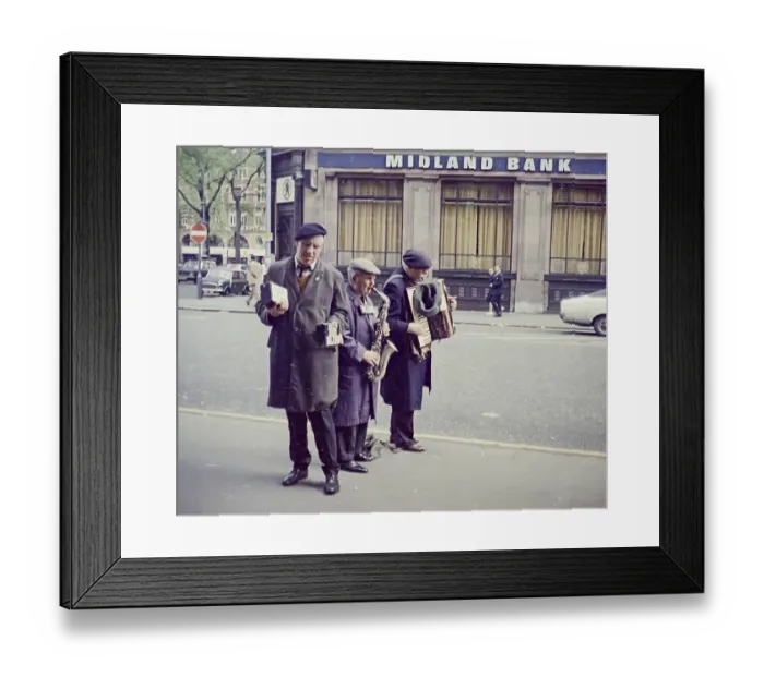 Framed Print : Three blind men, two of them street musicians with saxophone and accordion Framed Print : Three blind men, two of them street musicians with saxophone and accordion