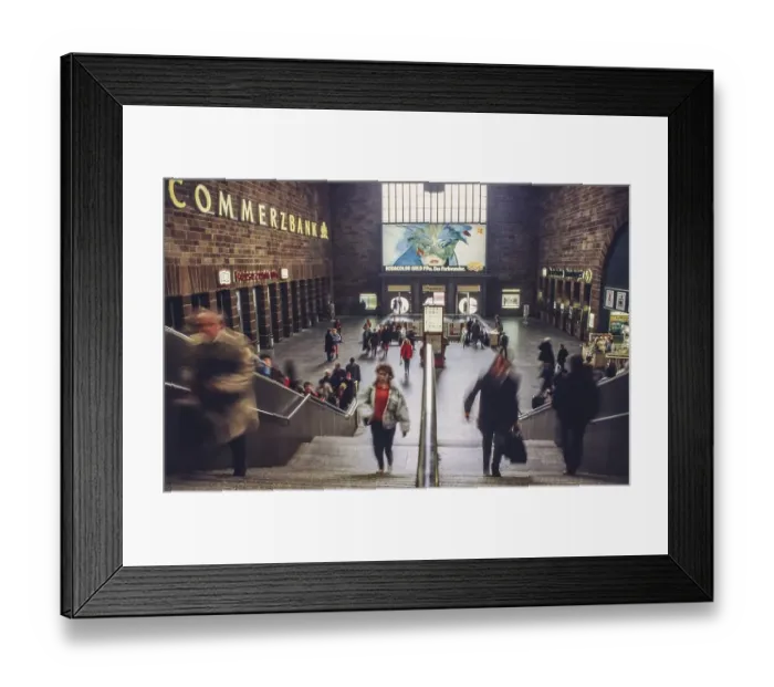 Framed Print : Large ticket hall with illuminated sign Commerzbank