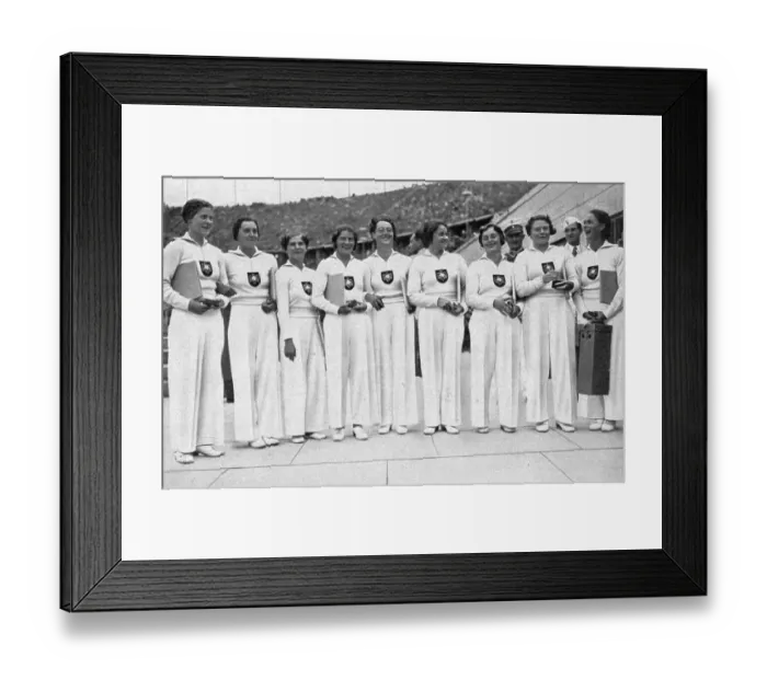 Framed Print : Tiurnen, the German gymnasts after the award ceremony at the Marathon Gate of the Olympic Stadium