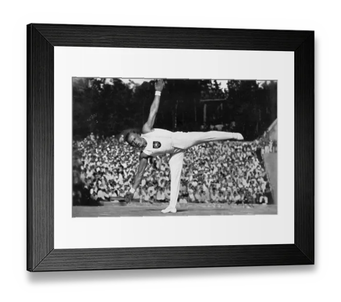 Framed Print : Gymnastics, Olympic Champion Alfred Schwarzmann (Germany) during a standing balance in the free exercises Framed Print : Gymnastics, Olympic Champion Alfred Schwarzmann (Germany) during a standing balance in the free exercises