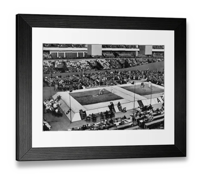 Framed Print : Wrestling, Deutschlandhalle, due to strong participation wrestling had to take place on two mats at the same time