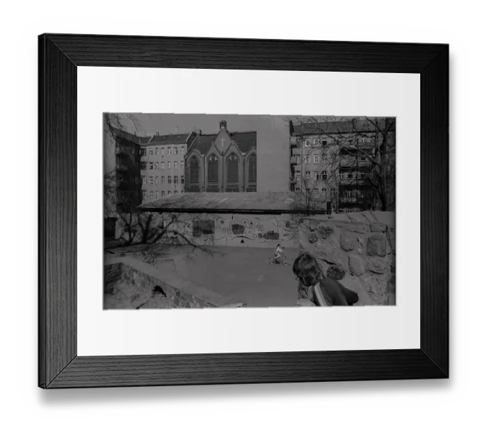 Framed Print : GDR, Berlin, 17. 4. 1988, child with bicycle on the playground in Heinrich Zille Park