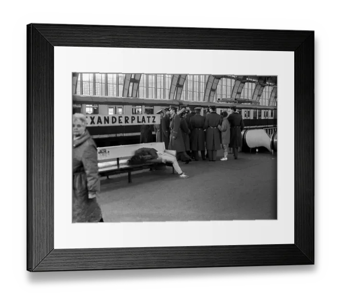 Framed Print : GDR, Berlin, 14. 3. 1988, drunken man on a bench at Alexanderplatz station
