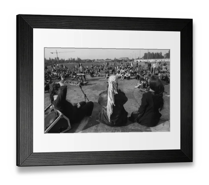 Framed Print : GDR, Berlin, 03. 10. 1990, Foundation of the Autonomous Republic of Utopia at the watchtower at the Spreebogen