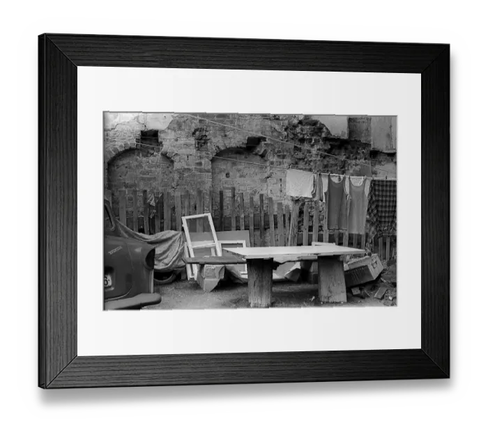 Framed Print : GDR, Stralsund, 180.7.1988, backyard scene with Trabi and laundry