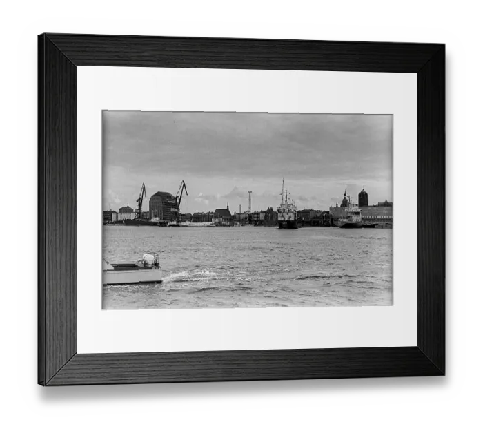 Framed Print : GDR, Stralsund, 18.07.1988, at the pier in Stralsund view to the harbour and the scenery of the city