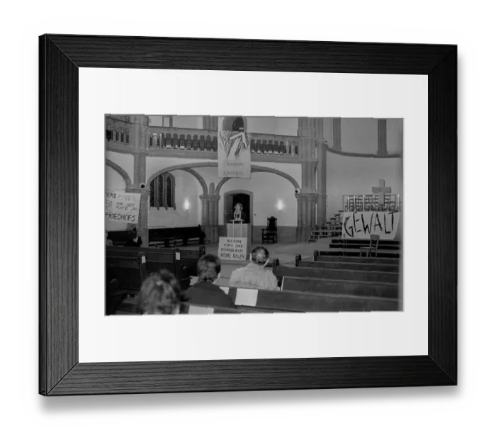 Framed Print : GDR, Berlin, 7.2.1990, peace devotion in the Gethsemane Church