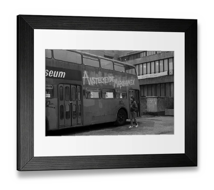 Framed Print : GDR, Berlin, 9.1.1990, museum bus at the Volksbuehne: The Mobile Museum: Contagious Measures Framed Print : GDR, Berlin, 9.1.1990, museum bus at the Volksbuehne: The Mobile Museum: Contagious Measures