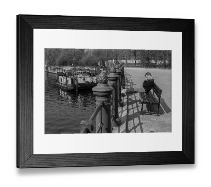 Framed Print : GDR, Berlin, 20.03.1990, Sheep tender on a bench on the bank of the Spree