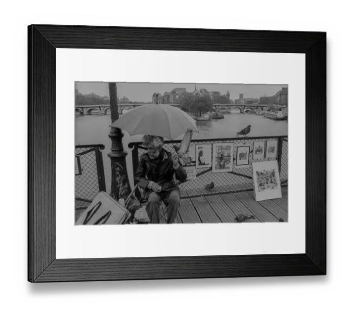 Framed Print : France, Paris, 24.03.1990, Painter with umbrella and dove on the Pont des Arts Framed Print : France, Paris, 24.03.1990, Painter with umbrella and dove on the Pont des Arts