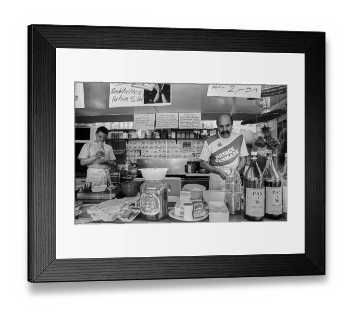 Framed Print : Germany, Berlin, 01.06.1991, Turkish snack stand at Frankfurter Allee S-Bahn station