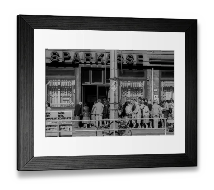 Framed Print : GDR, Berlin, 25 May 1990, queuing for applications for monetary union