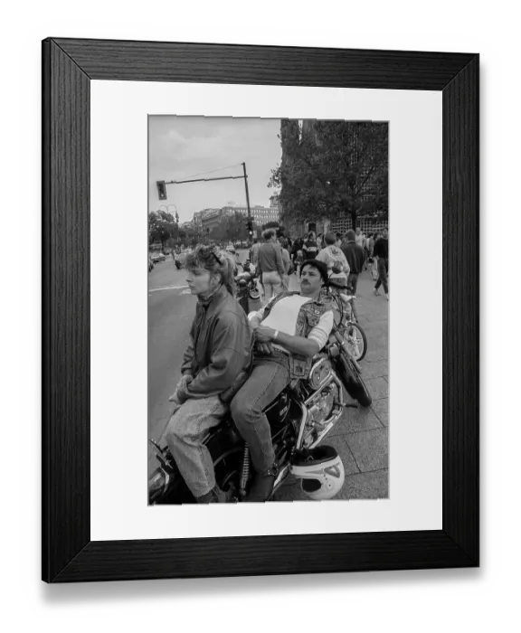Framed Print : Germany, Berlin, 20.07.1991, Rocker with motorbike