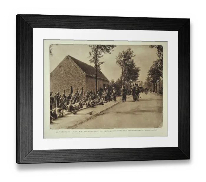 Framed Print : Soldiers at rest on the way to Ypres to relieve the English infantry in Flanders during the First World War