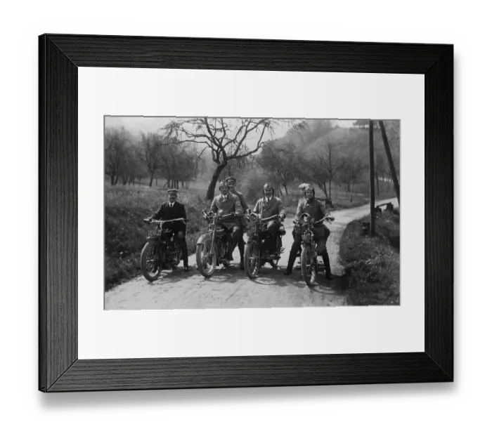 Framed Print : 4 motorcyclists on the road, historic picture from about 1940