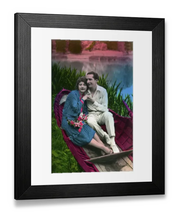 Framed Print : Courting couple in a boat, historical photo