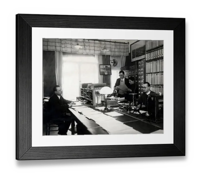 Framed Print : Historic photograph, three men and an apprentice working in an office Framed Print : Historic photograph, three men and an apprentice working in an office