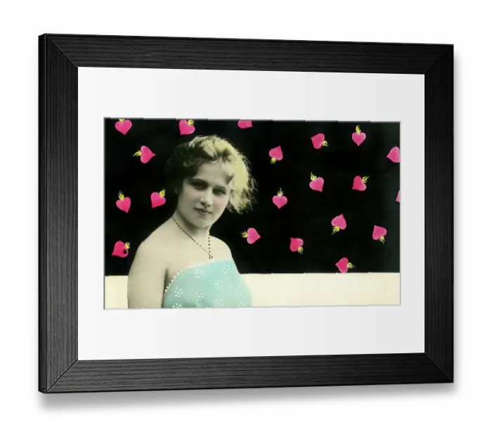 Framed Print : Historic photograph, woman, red hearts