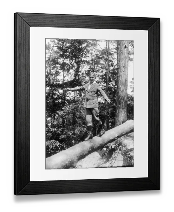 Framed Print : Historic photo, boy balancing on tree trunk Framed Print : Historic photo, boy balancing on tree trunk