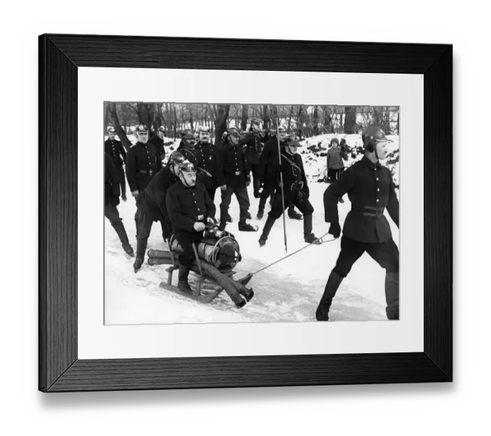 Framed Print : Historic picture, fire brigade with a sledge in ice and snow