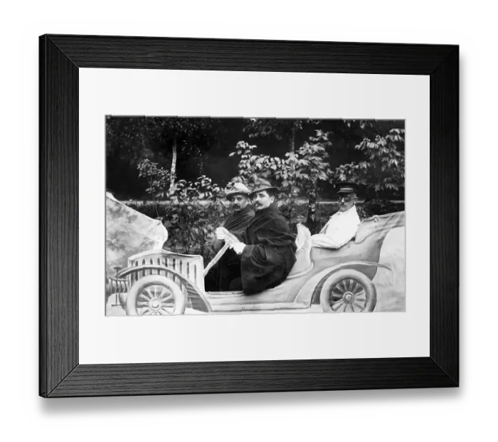 Framed Print : Historic photograph, three men in a cardboard car