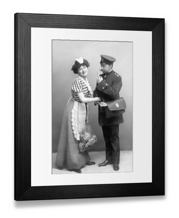 Framed Print : Historic photograph, postman flirting with maid