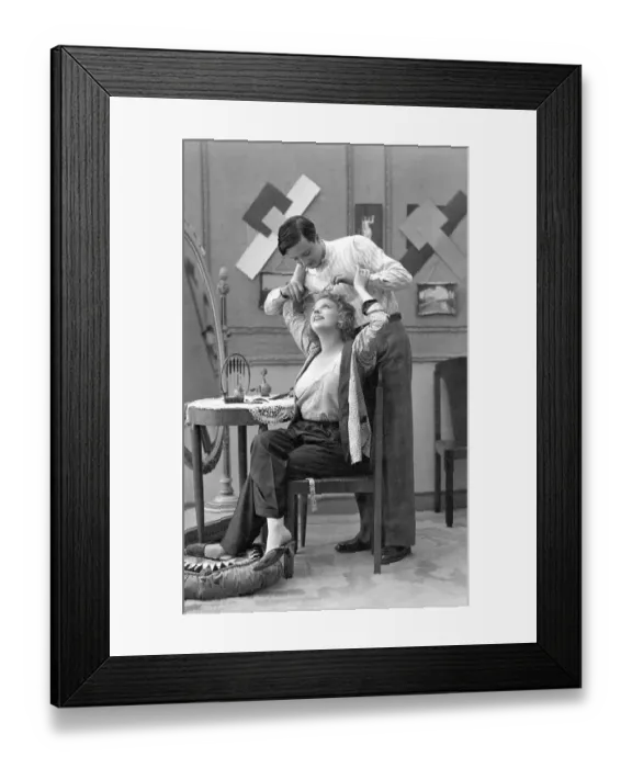 Framed Print : Historic photograph, flirt during a haircut