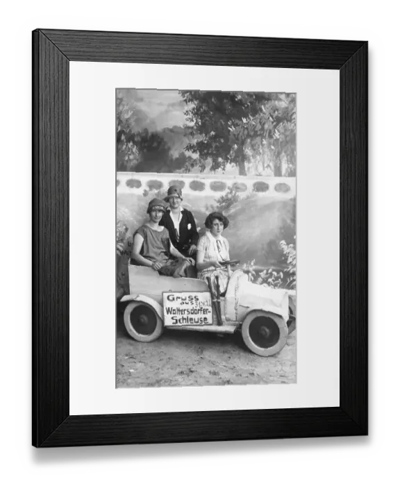 Framed Print : Historic photograph, three women in a cardboard car