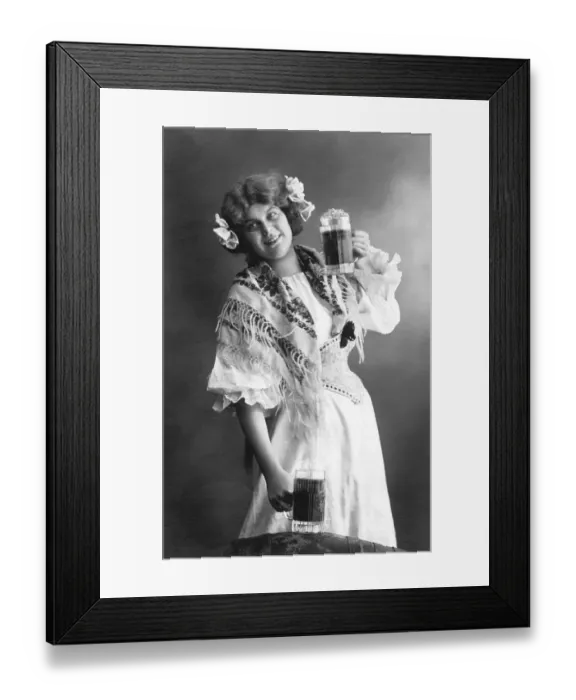 Framed Print : Historic photograph, woman holding beer steins