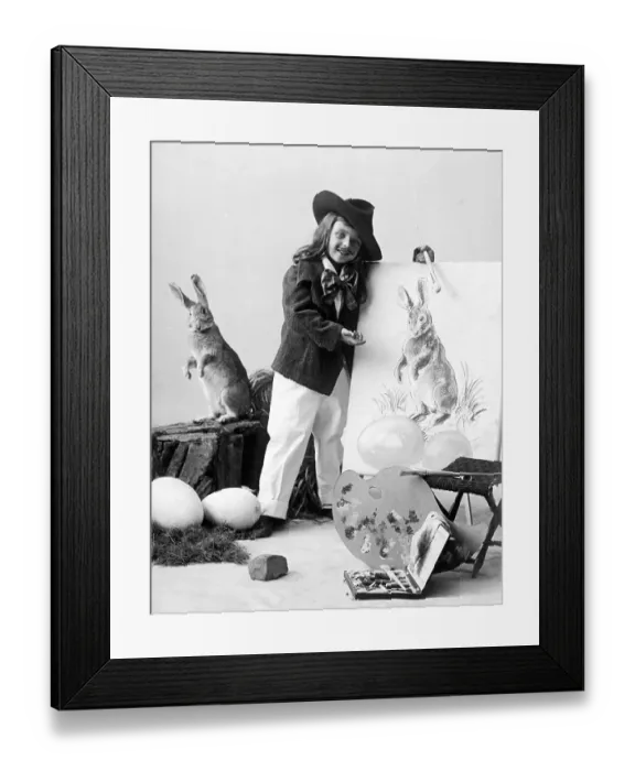 Framed Print : Historic photograph, painter painting Easter bunnies