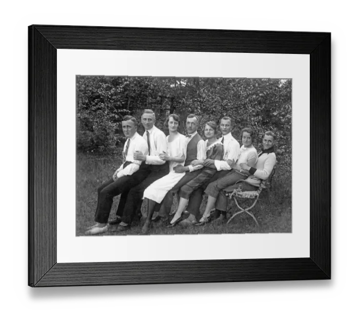 Framed Print : Historic photograph, eight people sitting on one chair