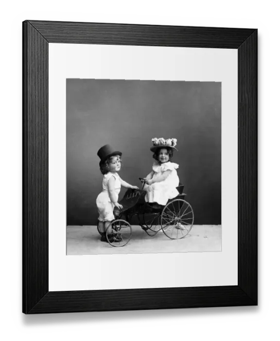 Framed Print : Historic photograph, two children with a toy car Framed Print : Historic photograph, two children with a toy car