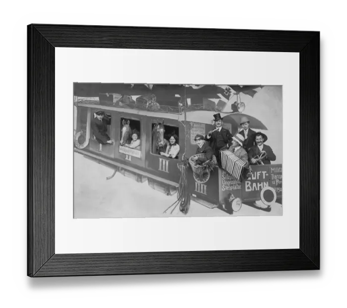 Framed Print : Historic photograph, people on a cardboard train
