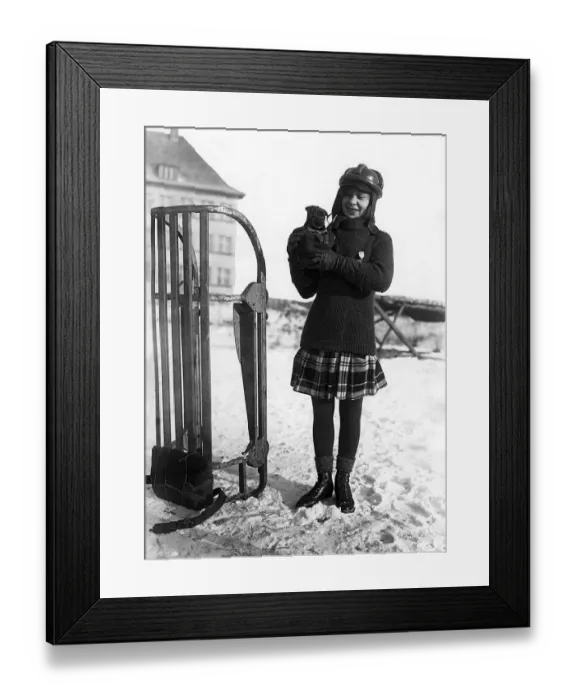 Framed Print : Historic photograph, female tobogganist wearing crash helmet