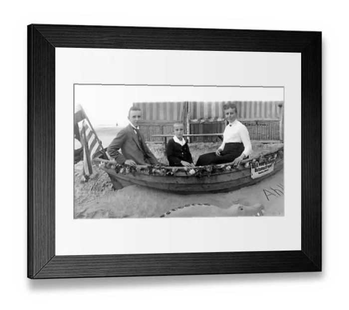 Framed Print : Three people in a boat, historic photograph Framed Print : Three people in a boat, historic photograph
