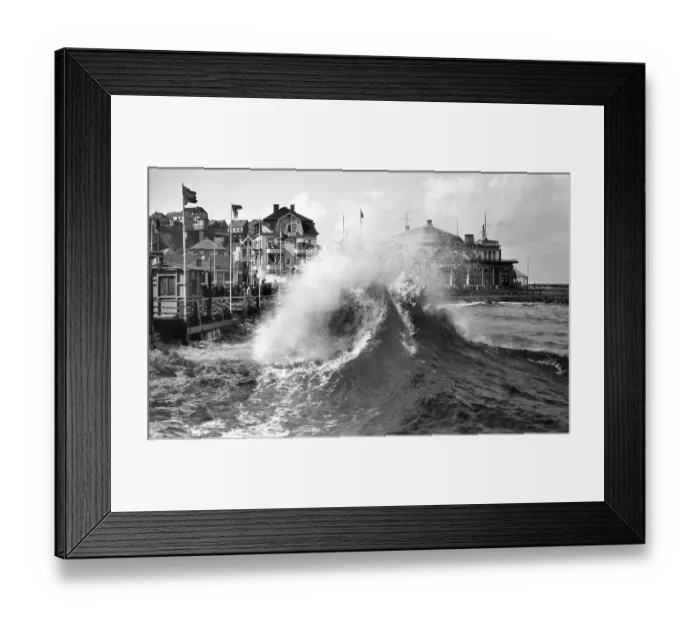 Framed Print : Storm on a coast, high wave, historic photgraph