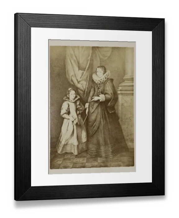 Framed Print : Closeup of a 19th century vintage photo of an american noble woman and a child posing in a fancy ball dresses