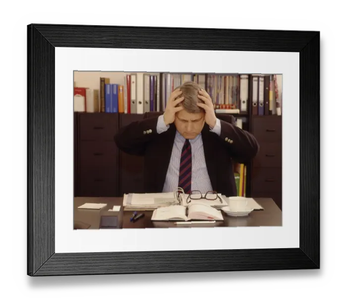 Framed Print : Stress at work, headaches Office scene Framed Print : Stress at work, headaches Office scene