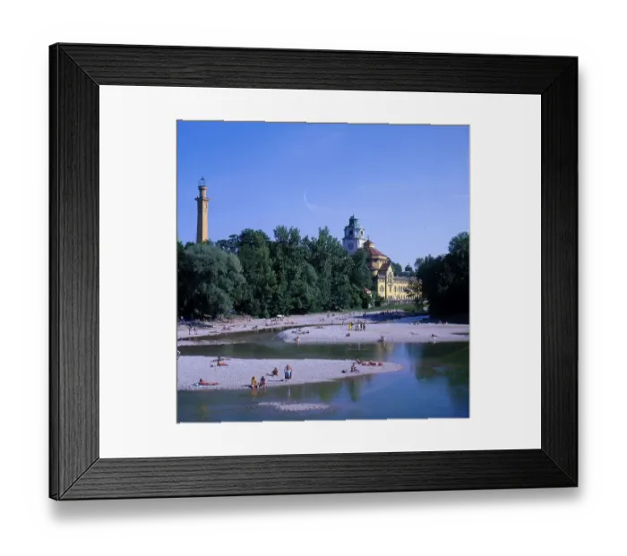 Framed Print : Isar with bathers, Muellersches Volksbad in the background