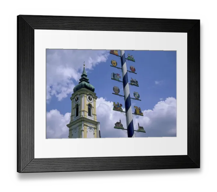 Framed Print : Maypole with sign of the craftsmen and carpenters from the village
