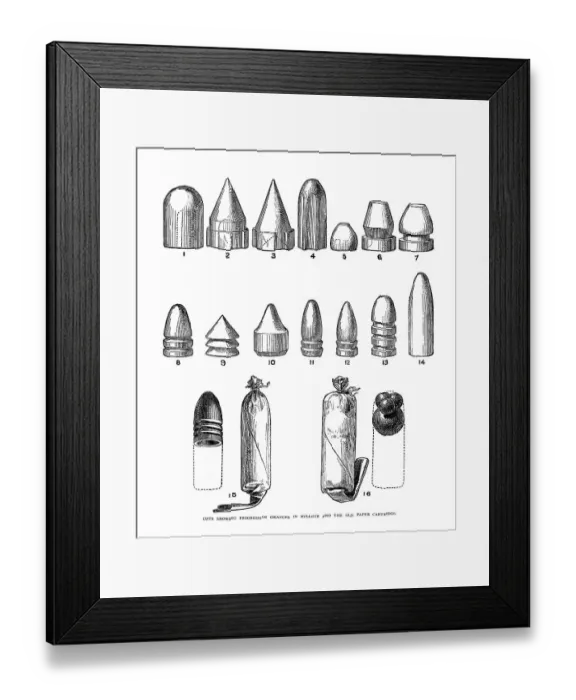 Framed Print : Cuts showing progressive changes in bullets and the old paper cartridge Framed Print : Cuts showing progressive changes in bullets and the old paper cartridge
